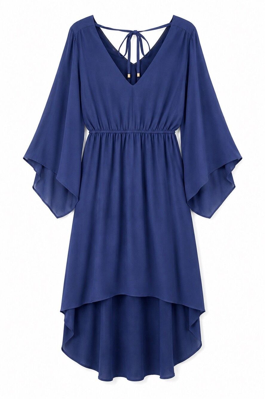 Very J Dress Women's Large Navy Blue Hi Low Flutter Sleeve V Neck Polyester